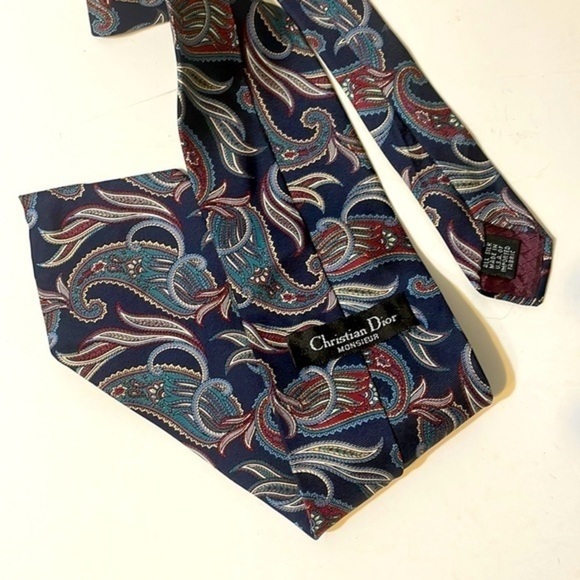 Christian Dior Monsieur Mens Silk Tie Blue Paisley Print Vintage Tie - Picture 9 of 9
